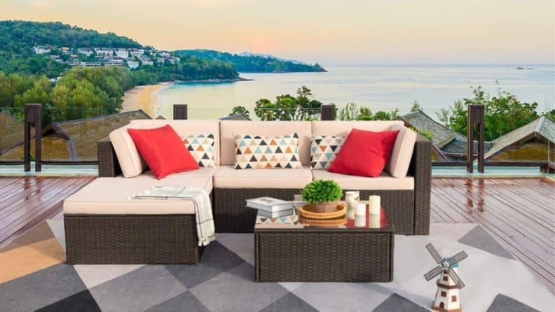 Outdoor Garden Furniture Sets Kazila 3Pcs Wood Patio Conversation Set with Cushions and Coffee Table
